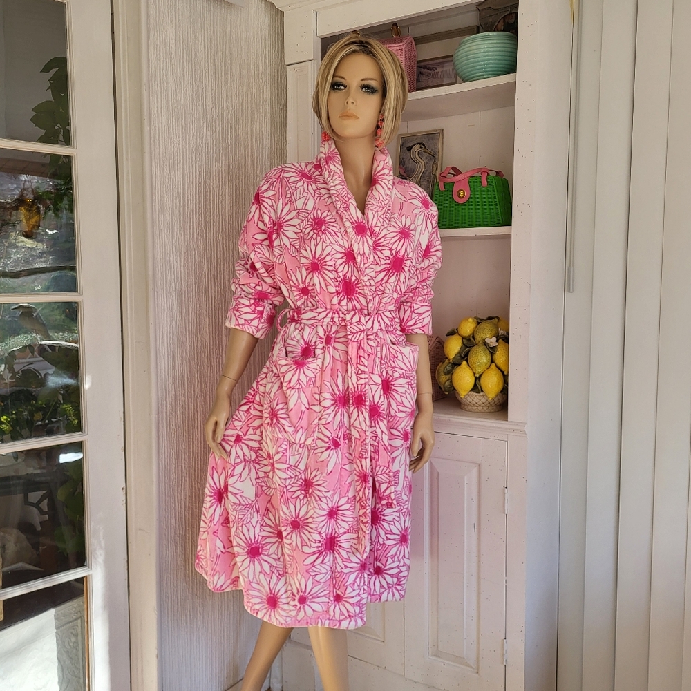 Vtg Lilly Pulitzer Bath Robe Velour Terry Belted Cotton PINK Daisies L/XL - Picture 2 of 5